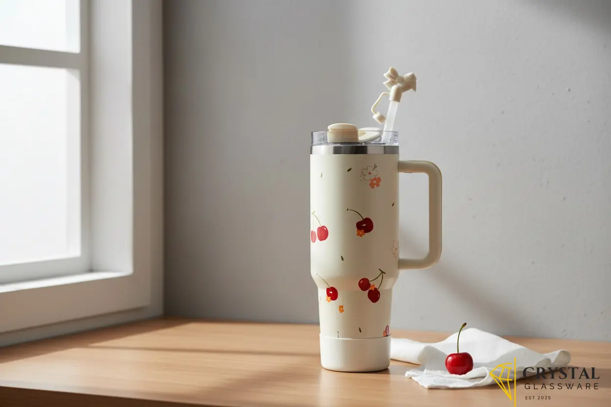 Insulated stainless steel travel tumbler features a matching straw topper and a convenient side handle